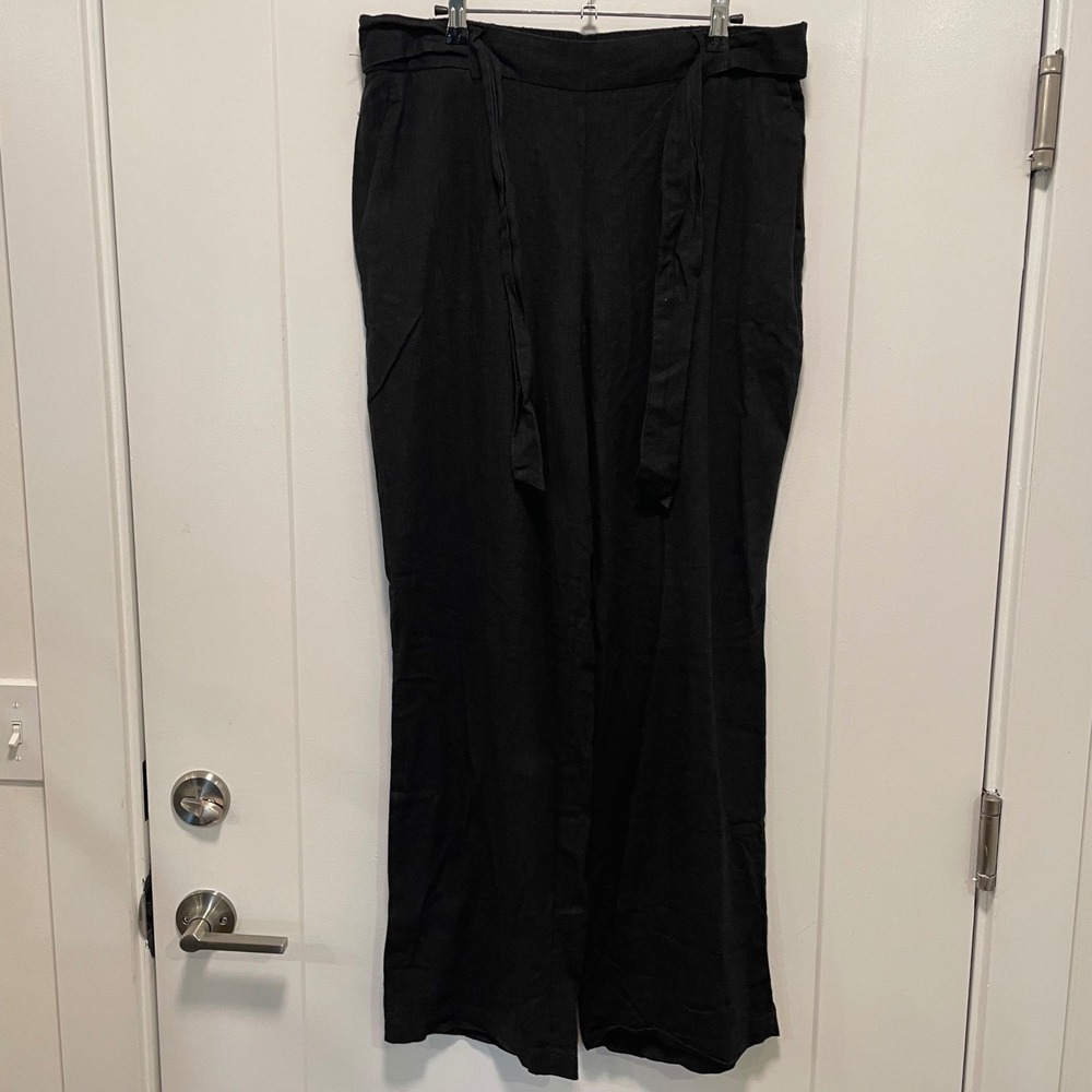 Land 'n Sea Black Linen Blend Wide Leg Pants Tie Waist Large 306492HA